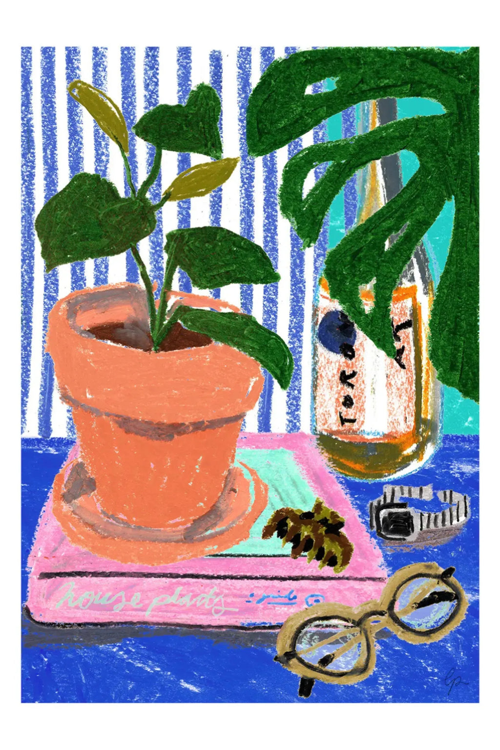 The Poster Club Pastel Plants, a vibrant still life art print featuring a potted green plant, large monstera leaf, bottle, book, and eyeglasses, all rendered with a rich, hand-drawn crayon.