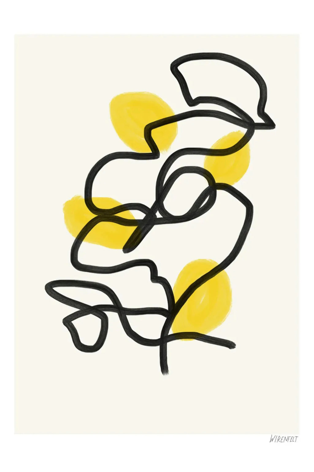 The Poster Club Lemons, an abstract art print featuring organic bright yellow shapes with a painterly brushstroke texture, overlaid with a continuous matte black line drawing on a warm cream background. This modern minimalist poster offers a playful yet sophisticated design. Perfect as contemporary wall art for a living room, bedroom, or gallery wall, adding a vibrant touch to modern interiors.