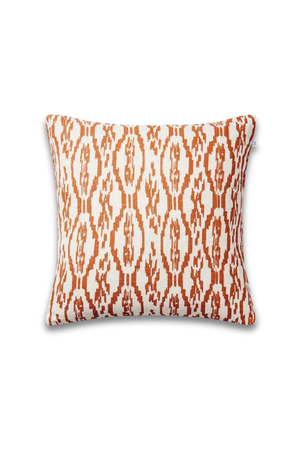 Chhatwal & Jonsson Deccan Linen Throw Pillow. Rectangular pillow featuring a warm orange and white ikat pattern, made from premium linen fabric, adding a pop of color, displayed on a white background.