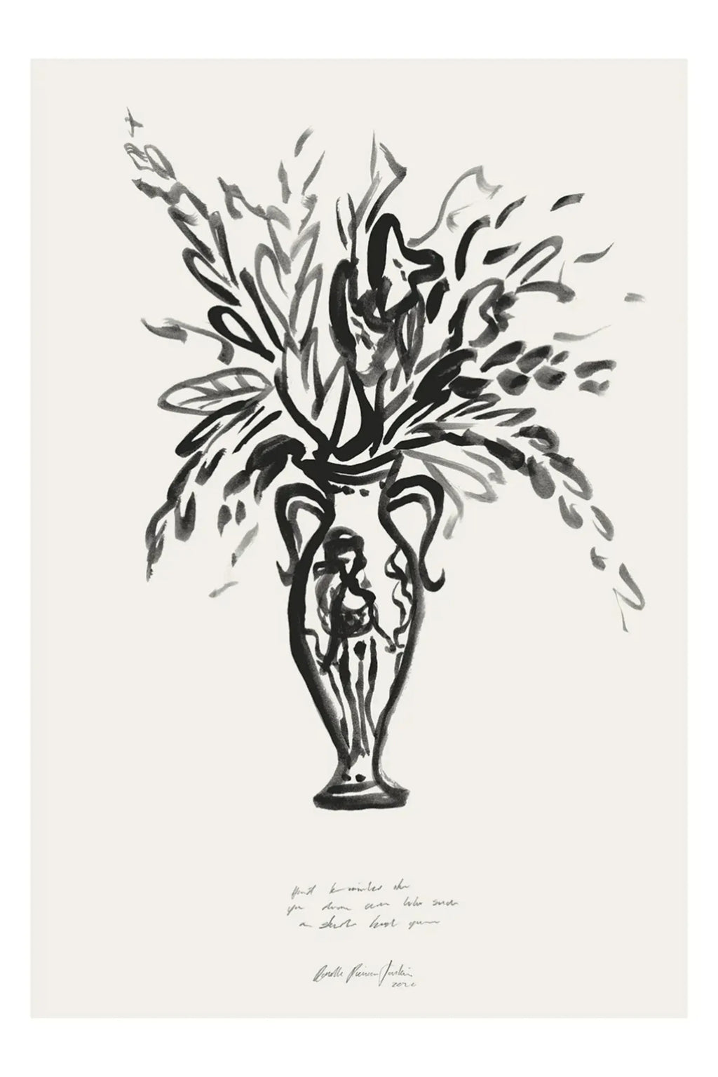 The Poster Club Condolences 02, an expressive abstract floral art print featuring bold black ink brushstrokes forming a stylized vase filled with lush foliage and flowers against a neutral off-white background. This monochrome design showcases an organic, modern minimalist aesthetic. Perfect as contemporary wall art for gallery walls, Scandinavian living rooms, or japandi bedrooms.