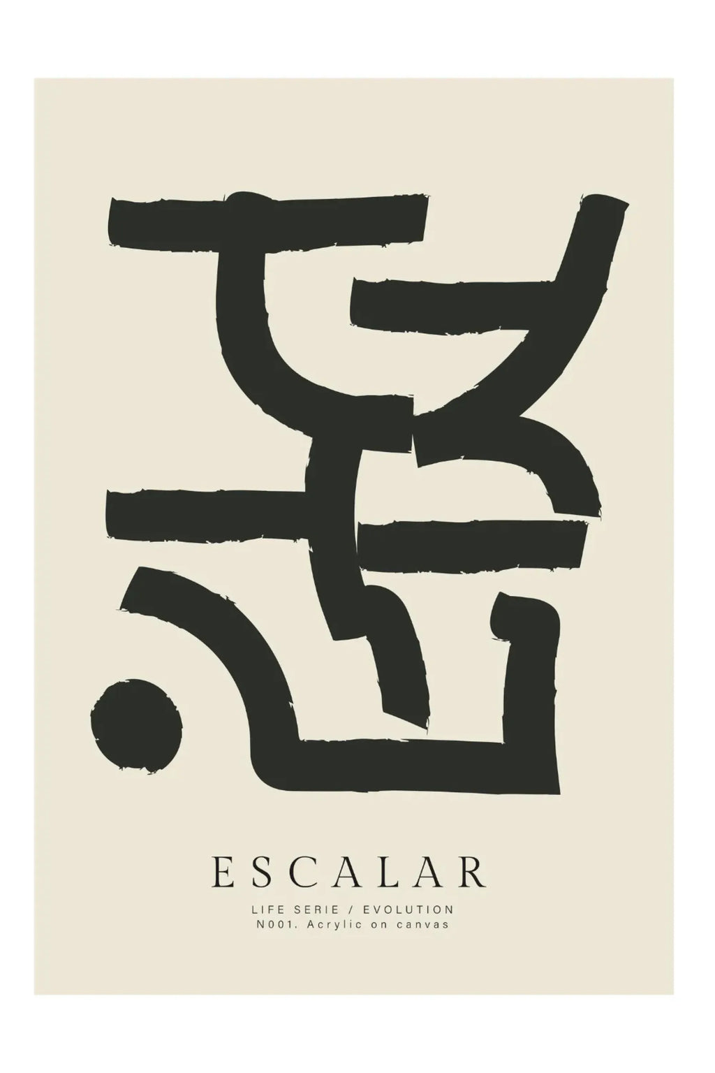 The Poster Club Escalar, a modern minimalist abstract art print featuring bold black brushstroke shapes with organic lines and subtle textures on a soft light beige background.