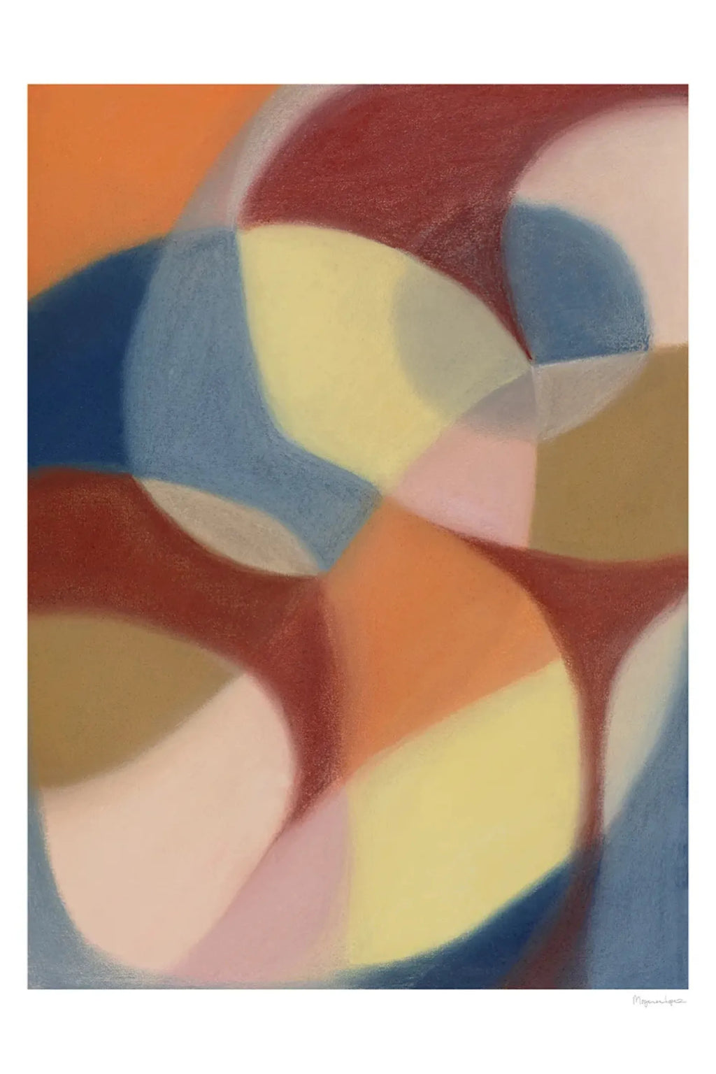 The Poster Club Pearl, an abstract art print featuring a composition of organic, overlapping curved shapes in a soft, painterly style. It showcases a muted palette of earthy tones including terracotta orange, dusty blue, deep burgundy, pale yellow, and blush pink, with a subtle chalky texture. This contemporary wall art is ideal for creating an organic modern aesthetic in living rooms, bedrooms, or minimalist gallery walls.