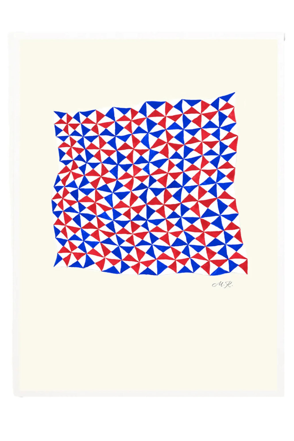 The Poster Club Tern No. 3, a vibrant geometric abstract art print featuring a dynamic pattern of hand-drawn red, blue, and white triangles arranged in a mesmerizing mosaic with an organic, wavy outline. This playful contemporary poster adds a bold pop of color and modern design to living rooms, bedrooms, or gallery walls.