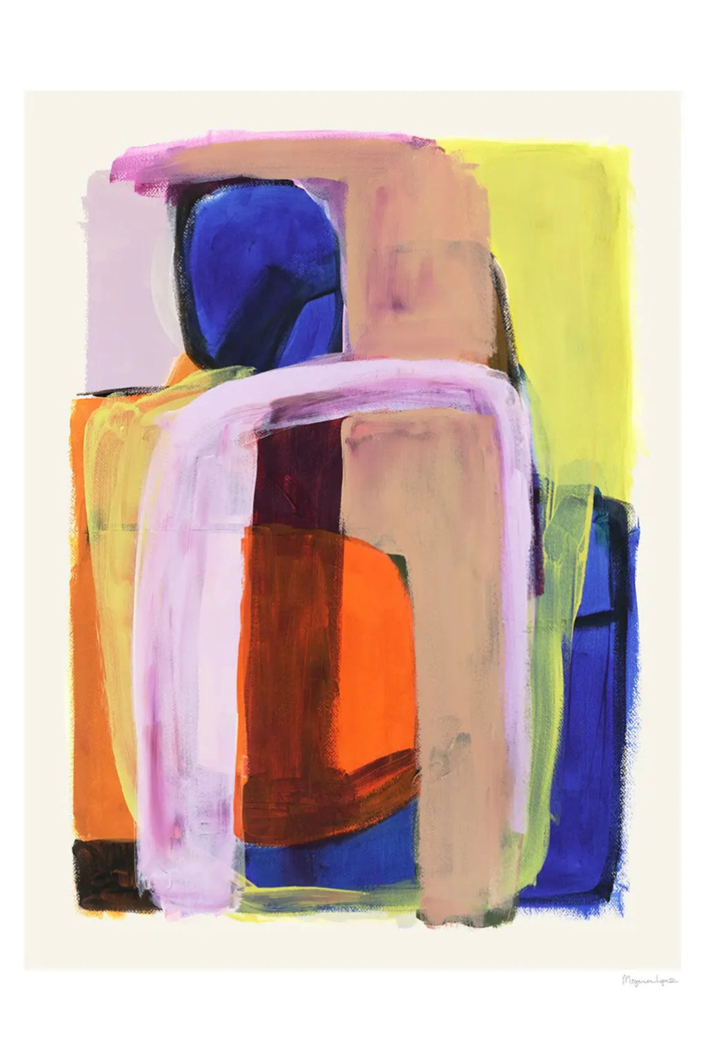 The Poster Club Prana, a vibrant abstract art print featuring bold, layered brushstrokes in royal blue, rich orange, neon yellow, and blush pink, creating an expressive composition with organic shapes on a cream background. Ideal as modern wall art for contemporary living rooms, creative studio spaces, or a colorful gallery wall accent.