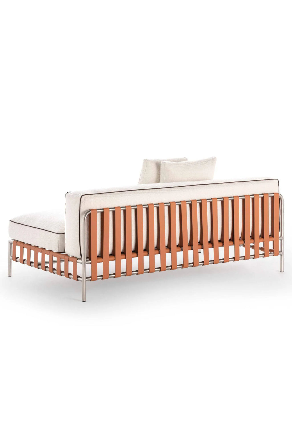 Gandia Blasco Onsen Sectional 4, a modern outdoor sectional sofa featuring a sleek stainless steel frame and distinctive tan leather straps forming the open back and sides. It is topped with plush cream-colored outdoor fabric cushions, accented with dark piping, offering a low-profile design. Ideal for luxury outdoor living spaces, contemporary patios, or poolside lounge areas.