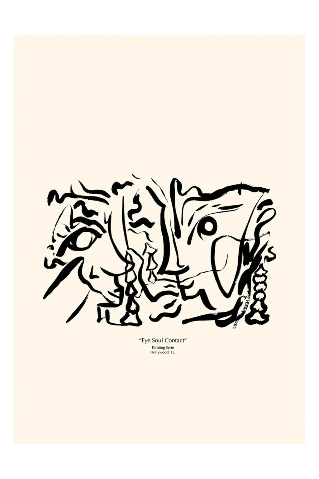 The Poster Club Soul Contact 02, an abstract minimalist art print featuring expressive black brushstroke line art forming intertwined faces on a warm beige background. This modern wall art piece captures a cubist-inspired, contemporary aesthetic. Perfect for adding a sophisticated touch to a gallery wall in a living room, bedroom, or home office.