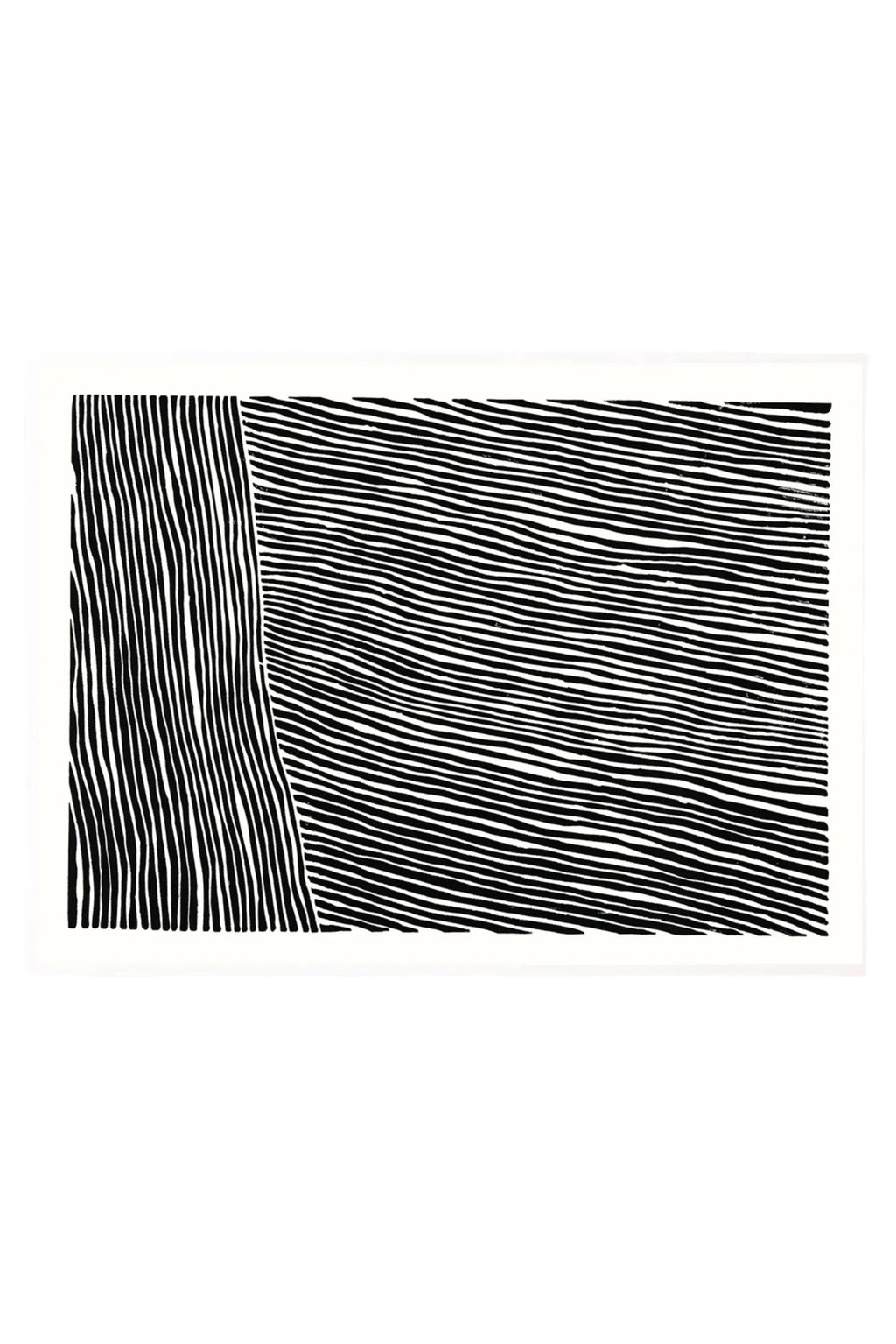 The Poster Club The Line no. 02, a striking black and white abstract art print featuring bold, organic hand-drawn lines in a dynamic minimalist composition. This contemporary graphic print showcases textured vertical and horizontal stripes on a crisp white background, creating a raw, modern aesthetic. Ideal as monochrome wall art for Scandinavian living rooms, minimalist bedrooms, or a curated gallery wall.