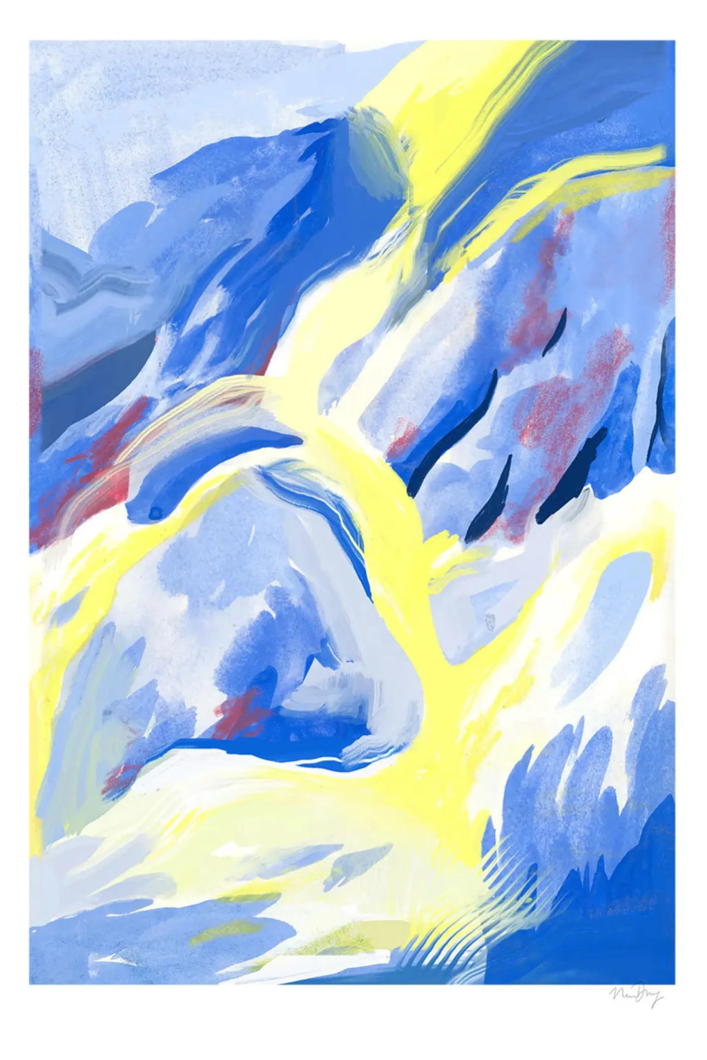 The Poster Club Blue Strokes, a vibrant abstract art print featuring expressive painterly brushstrokes in dynamic shades of royal blue, sky blue, and bright yellow, with subtle accents of reddish-pink. This modern abstract poster creates a lively focal point, perfect as colorful wall art for contemporary living rooms, bedrooms, or creative gallery walls.