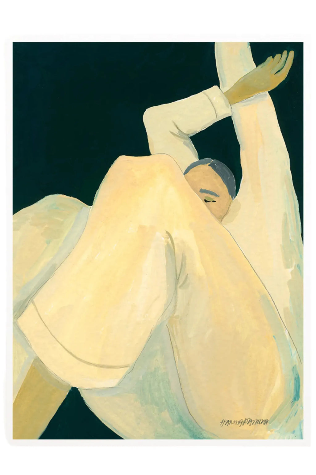 The Poster Club The Dream, a contemporary abstract art print depicting a minimalist human figure in cream and pale yellow tones, curled in a serene pose against a deep teal background, with subtle brushstroke textures and dark grey accents on the hair and eyebrows. This modern minimalist poster is ideal for creating a calming focal point in a contemporary living room, bedroom, or gallery wall.