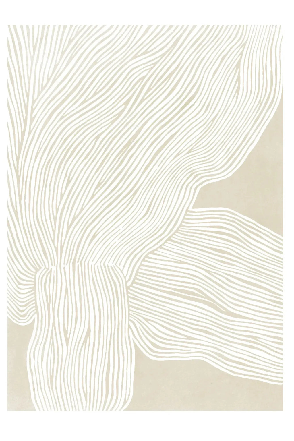The Poster Club The Line no. 09, a minimalist abstract art print featuring fluid, organic white and off-white lines creating a textured, wave-like pattern against a warm beige background. This contemporary neutral wall art is perfect for enhancing Scandinavian living rooms, Japandi bedrooms, or modern gallery walls with an organic modern aesthetic.