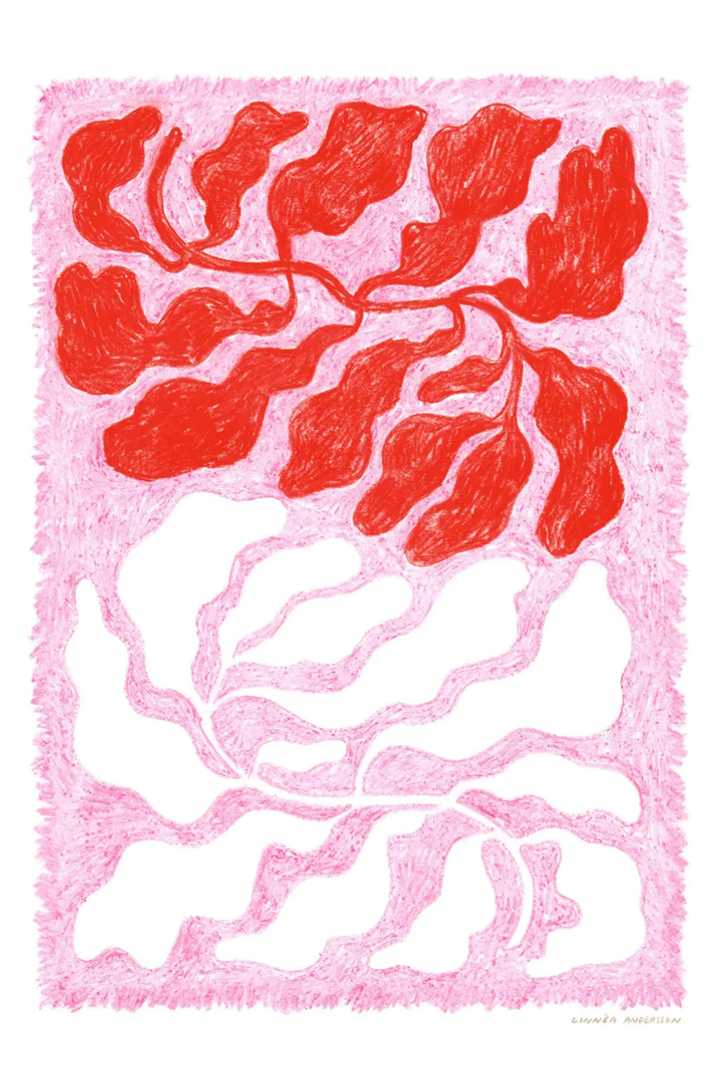 The Poster Club Longing, a vibrant organic abstract art print by Linnea Andersson featuring bold red, irregular leaf-like shapes with a distinct crayon-like texture set against a soft, fuzzy.