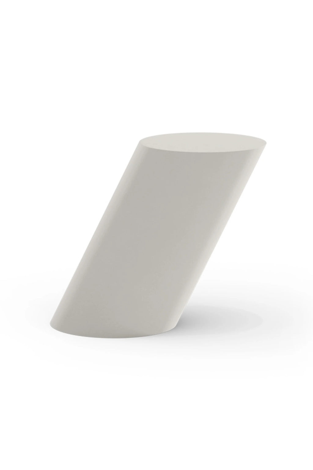 NORR11 Tilt Side Table, a modern minimalist accent table featuring a unique tilted cylindrical form and a smooth matte light grey finish. Crafted from a durable stone composite, its monolithic and sculptural design brings a contemporary brutalist aesthetic to any space. Ideal as a striking side table for modern living rooms, minimalist bedrooms, or organic modern interiors.
