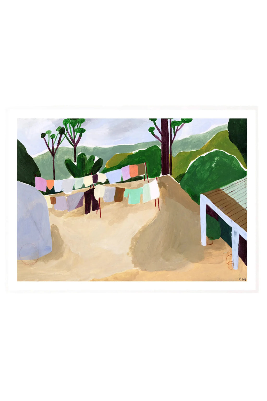 The Poster Club Sri Lanka, a contemporary abstract landscape art print featuring a vibrant outdoor scene with colorful laundry hanging on lines against lush green hills, expressive trees, and a muted sky. This painterly wall art showcases a harmonious blend of olive green, pink, peach, lilac, and cream tones, evoking a serene, travel-inspired aesthetic. Perfect for adding a modern minimalist touch to living rooms, bedrooms, or gallery walls.