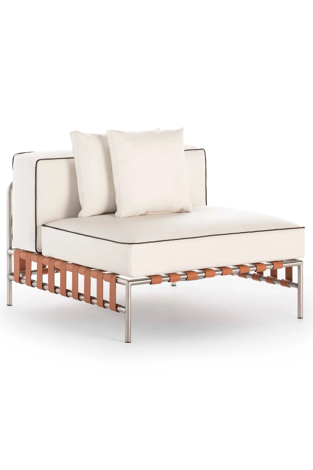 Gandia Blasco Onsen Sectional 3, a modern minimalist outdoor chaise lounge featuring a sleek brushed stainless steel frame, natural cognac leather straps forming the base, and plush cream outdoor fabric cushions with contrasting black piping. This contemporary outdoor sofa is perfect for luxury patio spaces, poolside lounging, or elegant garden setups.
