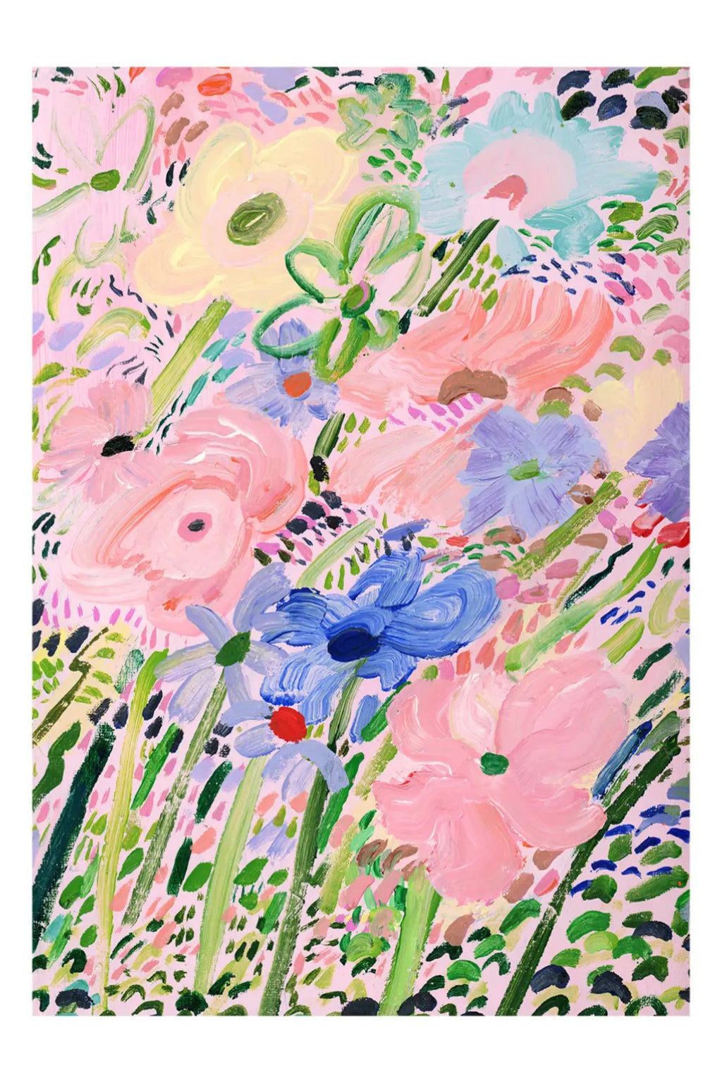 The Poster Club Summer Meadow, a contemporary abstract floral art print showcasing a painterly field of vibrant flowers with expressive brushstrokes in a rich palette of pink, blue, yellow, and various greens against a soft.