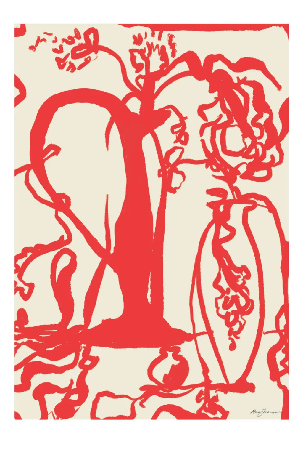 The Poster Club Grand Vase, a striking abstract art print featuring bold, vibrant red, Matisse-inspired organic shapes depicting a stylized vase and plant with visible brushstroke textures, set against a warm cream.