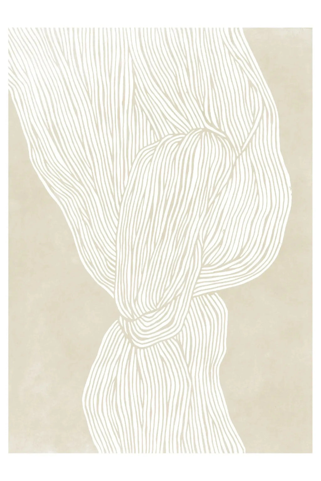 The Poster Club The Line no. 07, a minimalist abstract art print featuring organic flowing cream-colored lines that form a soft knot-like shape against a warm beige background, evoking a sense of calm and movement. This contemporary wall art is perfect for Scandinavian bedrooms, Japandi living rooms, or modern minimalist gallery walls.