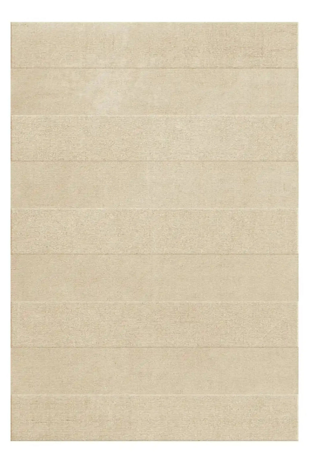 Layered Stripe Grande Wool Rug, a rectangular natural beige wool area rug with alternating textured and smooth horizontal stripes. Perfect for adding warmth and sophisticated style to living room o...