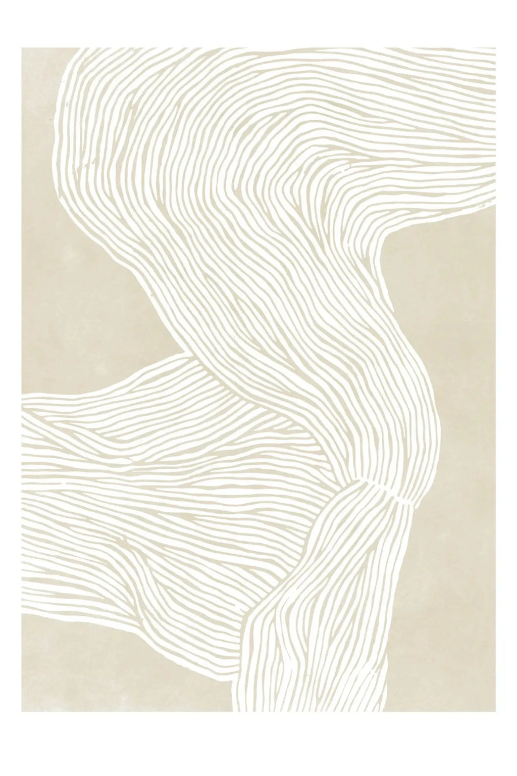 The Poster Club The Line no. 08, an abstract art print featuring organic, hand-drawn undulating lines in a soft off-white or cream color against a warm, textured beige background. The minimalist design creates a calming, fluid movement with its natural, earthy tones, perfect for a modern minimalist living room, Scandinavian bedroom, or japandi-inspired gallery wall.