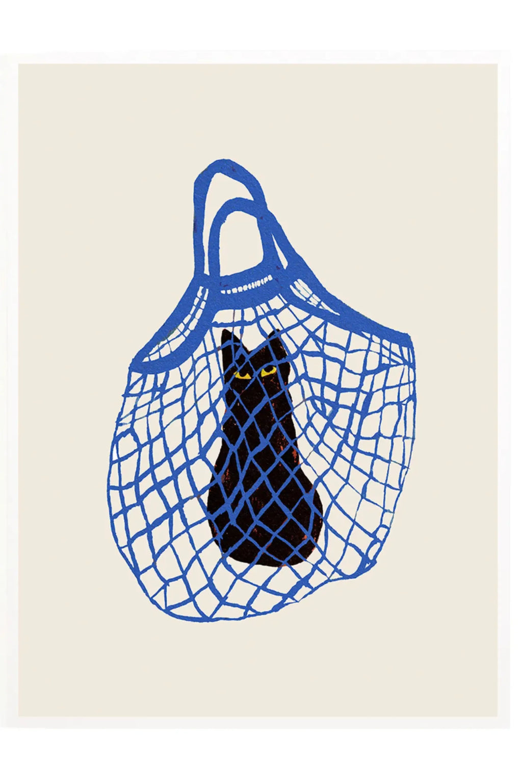 The Poster Club The Cat’s In The Bag, a vibrant contemporary graphic art print depicting a stylized black cat with bright yellow eyes contained within a bold royal blue net bag, all against a creamy off-white background. This playful illustration features a charming, slightly textured folk art aesthetic, ideal as whimsical wall art for modern minimalist living rooms, kids' bedrooms, or a unique addition to a gallery wall.