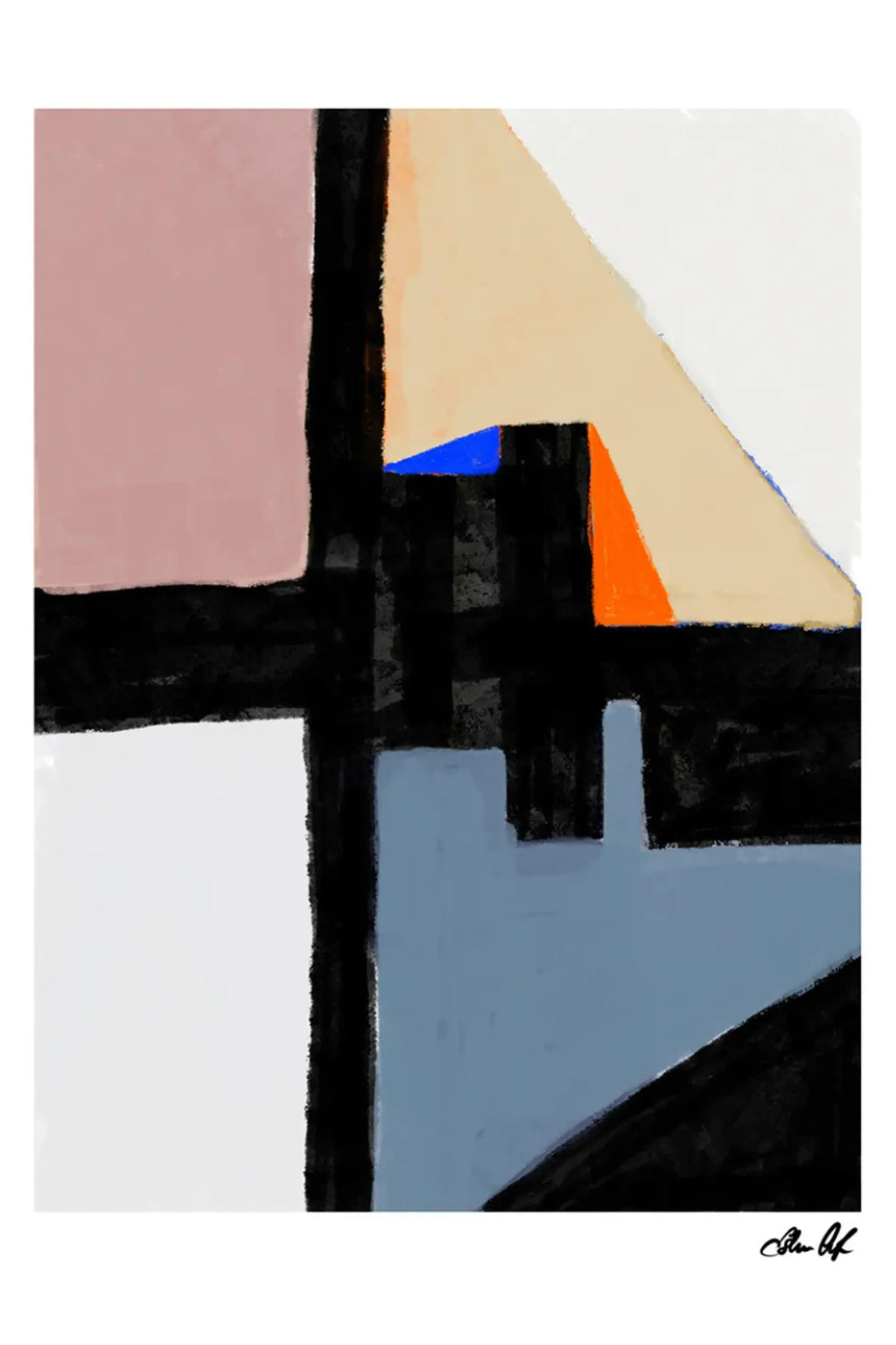 The Poster Club Kräfta, a modern abstract art print featuring bold geometric shapes in a palette of muted rose, light beige, white, and stark black, accented with vibrant orange, bright blue, and dusty blue. This contemporary poster showcases a painterly texture and intersecting lines, perfect as eye-catching wall art for modern living rooms, home offices, or a dynamic gallery wall.