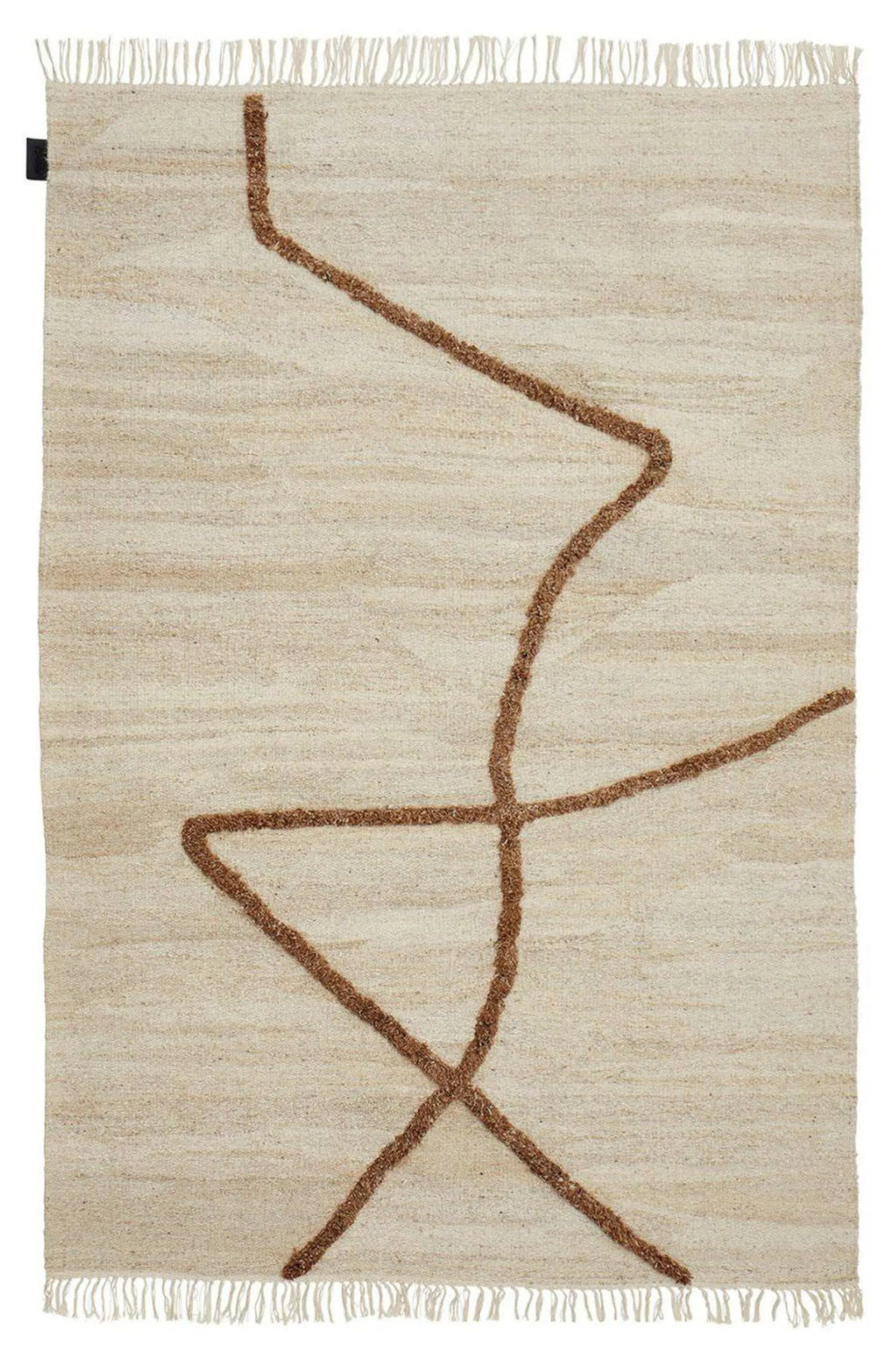 Sera Helsinki Vuoristo Rug, a hand-woven natural undyed wool area rug featuring a cream flat-weave base with a distinctive raised, shaggy brown abstract linear pattern and soft fringed edges.