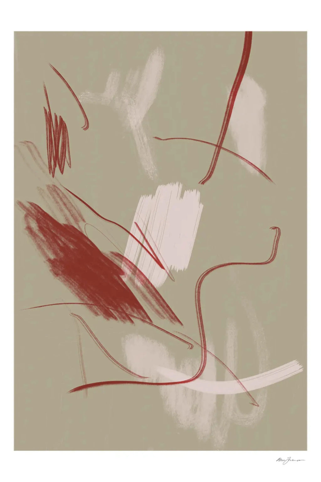 The Poster Club Pink Thoughts, an abstract art print featuring dynamic, organic brushstrokes in deep terracotta red and soft cream tones against a muted sage green background, creating a contemporary and textured composition. Ideal as modern wall art for neutral living rooms, bedrooms, or to enhance an organic modern gallery wall.