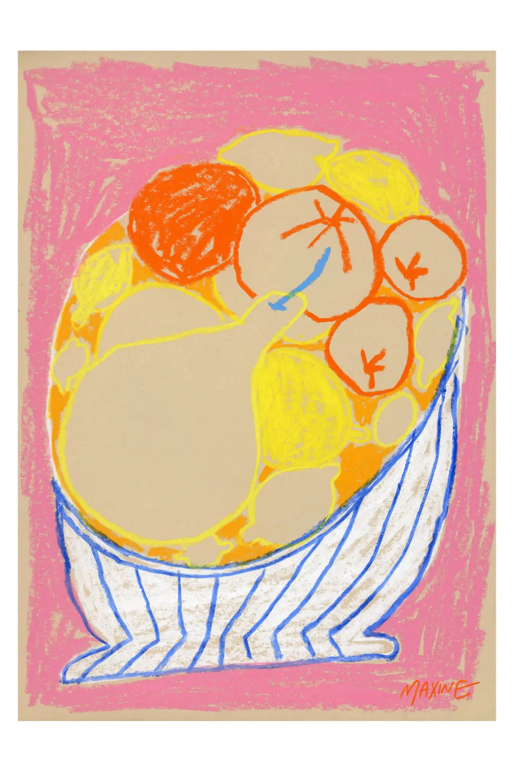 The Poster Club Fruit Bowl on a Pink Table, a vibrant abstract art print featuring a playful still life pastel drawing with a blue and white striped bowl overflowing with organic orange and yellow fruit shapes against a textured bright pink background. The hand-drawn aesthetic and bold colors create a contemporary naive art style. Perfect as colorful wall art for modern living rooms, kitchen decor, or a cheerful addition to a gallery wall.