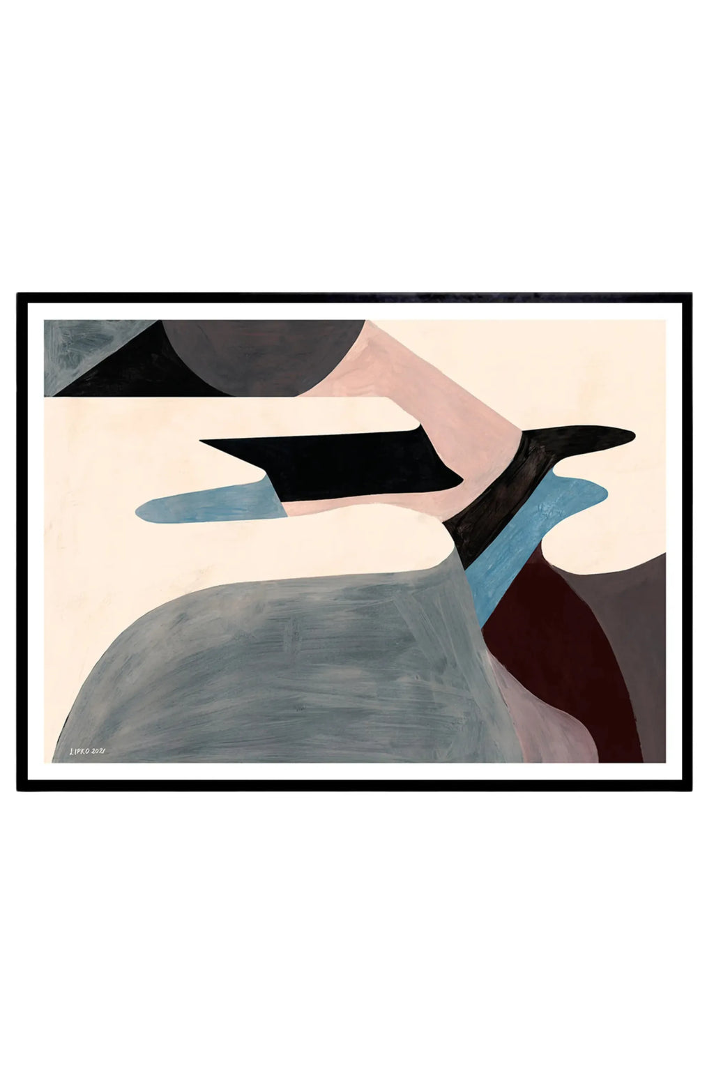 The Poster Club Empty Skatepark 01, a contemporary abstract art print featuring organic, flowing shapes and sharp angles in a palette of cream, black, dark grey, dusty pink, and blue, with visible brushstroke textures. This minimalist horizontal poster is framed in sleek black, perfect for modern gallery walls or as a statement piece in a living room or bedroom.