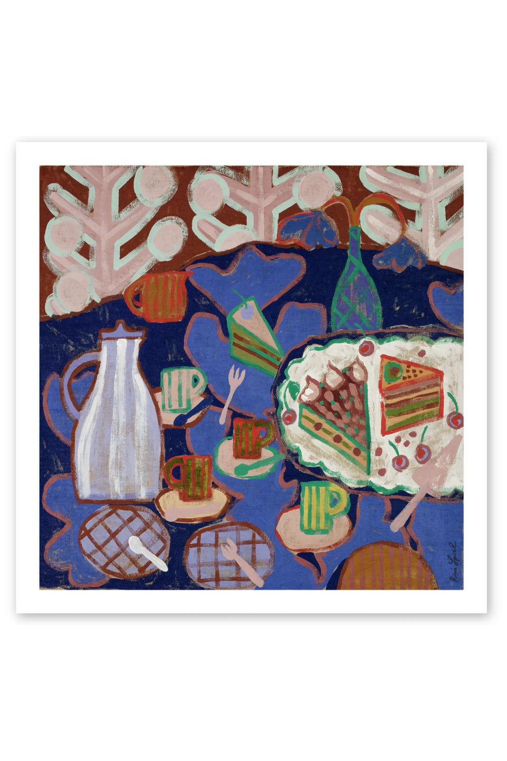 The Poster Club Cake, a vibrant abstract still life art print depicting a colorful dessert table scene with cake slices, coffee cups, and a pitcher. Rendered in a charming folk art or naive style with visible brushstrokes and bold, organic shapes, it features a rich dark blue tablecloth, brown background.