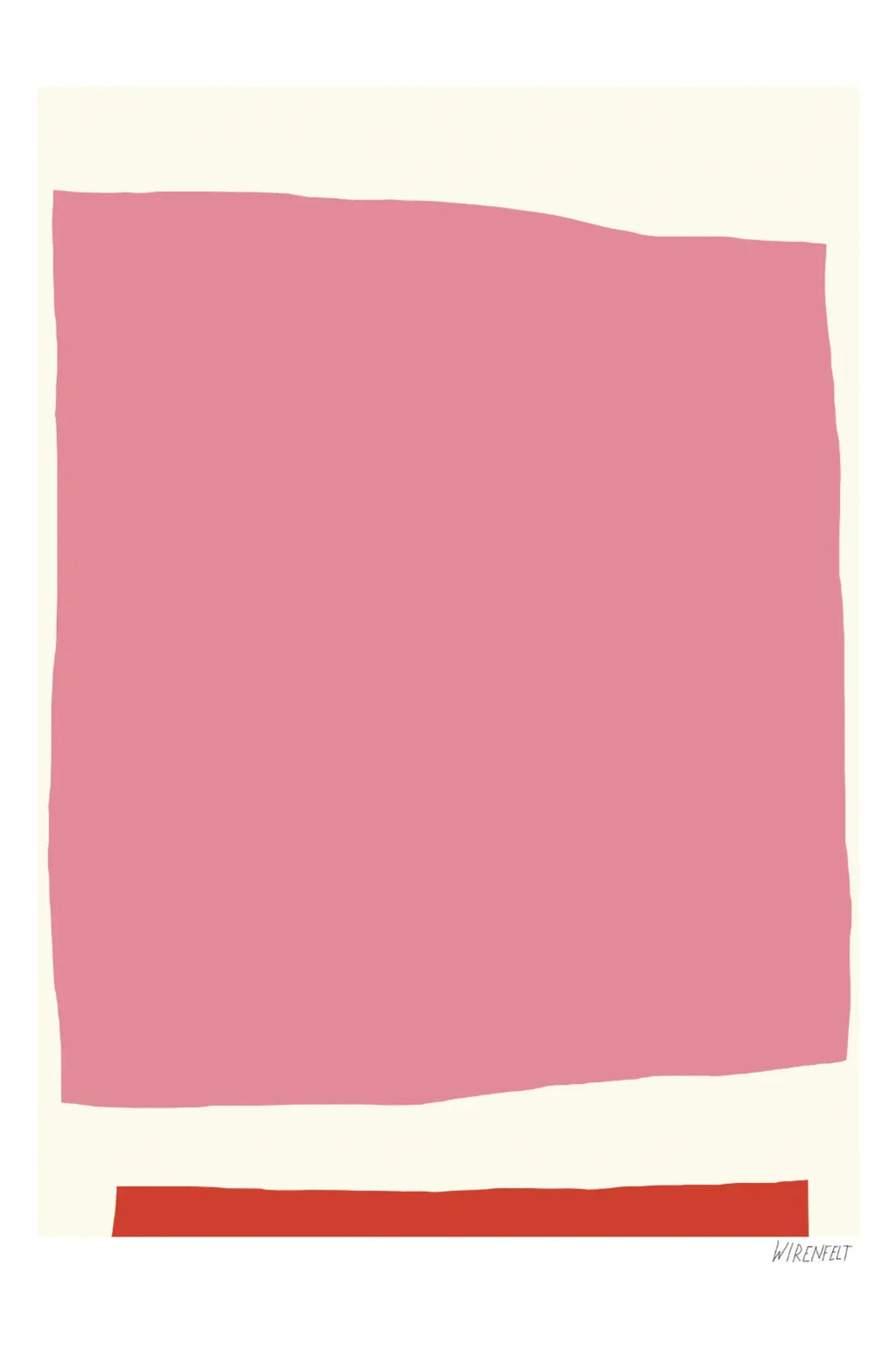 The Poster Club Ruby, an abstract art print featuring a large, organic rose pink rectangular shape with subtly uneven edges, set against a creamy off-white background. A thin, dark red stripe anchors the bottom, giving the impression of a modern minimalist paper collage. Perfect for contemporary gallery walls, Scandinavian living rooms, or bedroom decor.