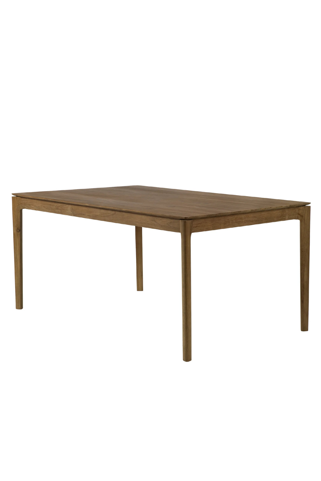Ethnicraft Bok Extendable Dining Table, a modern minimalist dining table crafted from warm, natural solid teak wood. It features a sleek rectangular tabletop with subtle rounded edges and four slender, tapered legs, embodying a clean Scandinavian aesthetic. This functional wood dining table is perfect for contemporary dining rooms or open-plan living spaces seeking versatile, organic modern furniture.