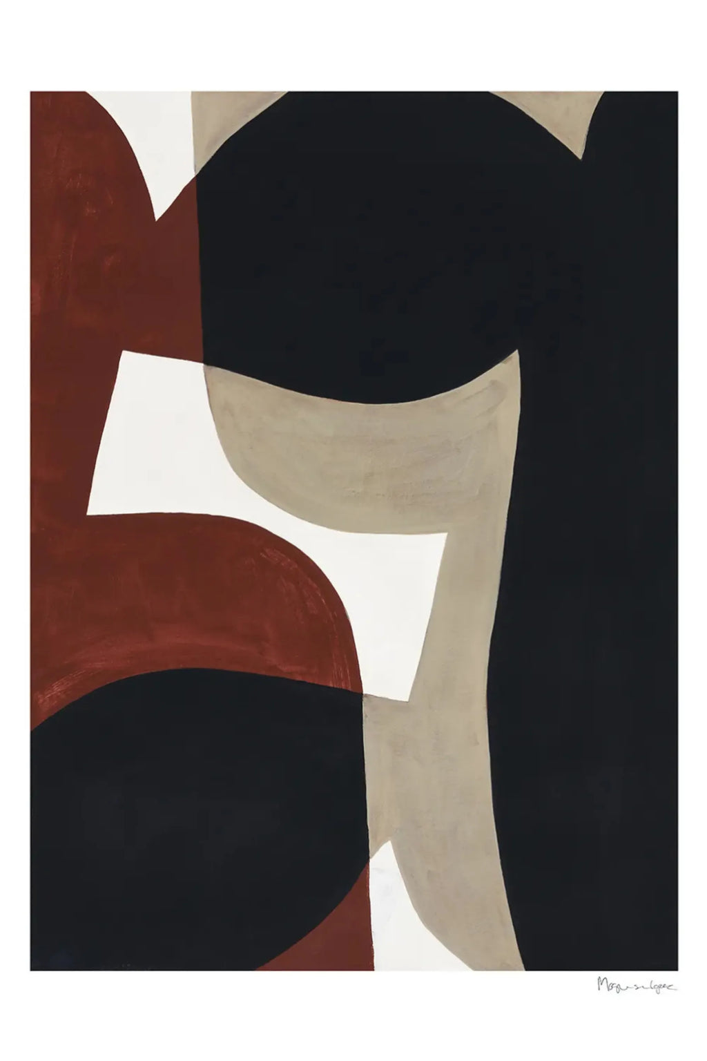 The Poster Club Connected Shapes No.1, a modern abstract art print featuring interlocking organic shapes in a sophisticated palette of matte black, rich terracotta rust, warm beige, and crisp white. This contemporary wall art showcases a painterly texture and minimalist design, perfect for adding an organic modern touch to living room gallery walls, bedroom decor, or home office spaces.