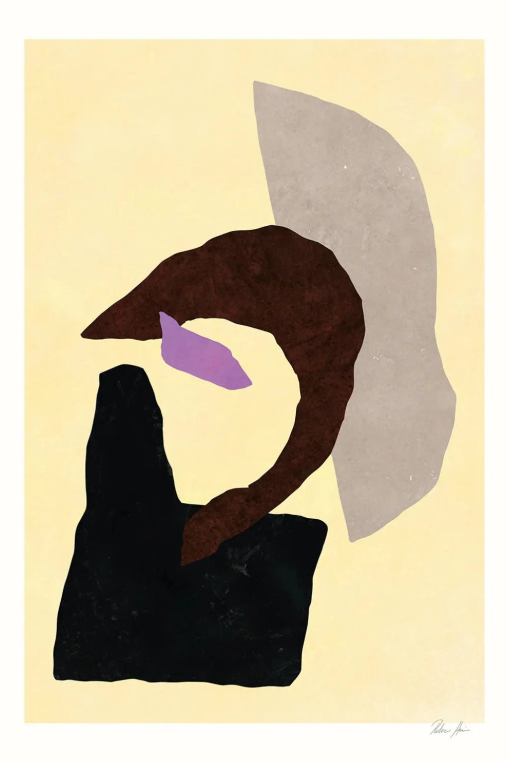 The Poster Club Blind Eye no. 03, a contemporary abstract art print featuring organic, textured shapes in dark brown, matte black, and light grey against a subtle pale yellow background, accented with a small vibrant purple form. This minimalist poster with earthy tones is ideal for modern living rooms, Scandinavian bedrooms, or as a striking piece in a curated gallery wall.