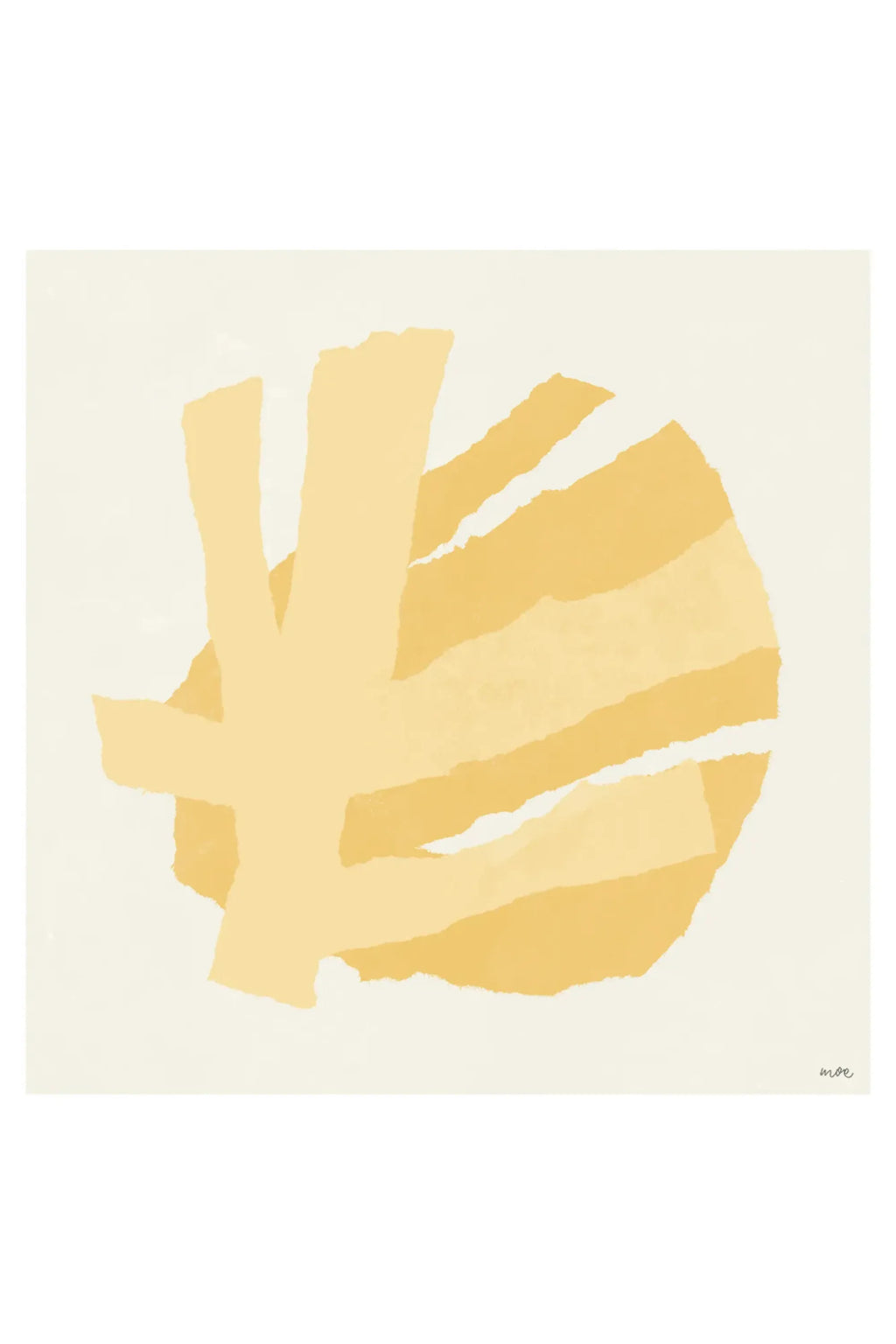 The Poster Club Branching III, a minimalist abstract art print showcasing layered organic shapes in sun-drenched yellow, soft ochre, and subtle mustard tones, rendered with a textured, torn.