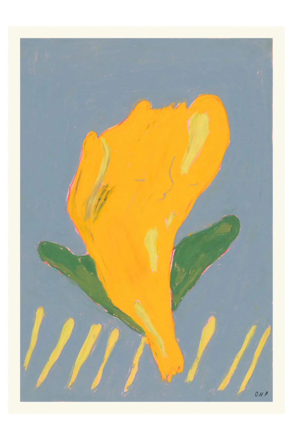 The Poster Club Lille Gule, an abstract flower art print featuring a vibrant yellow bloom with deep green leaves and lime green accents, set against a soft blue-grey background with a painterly texture and.