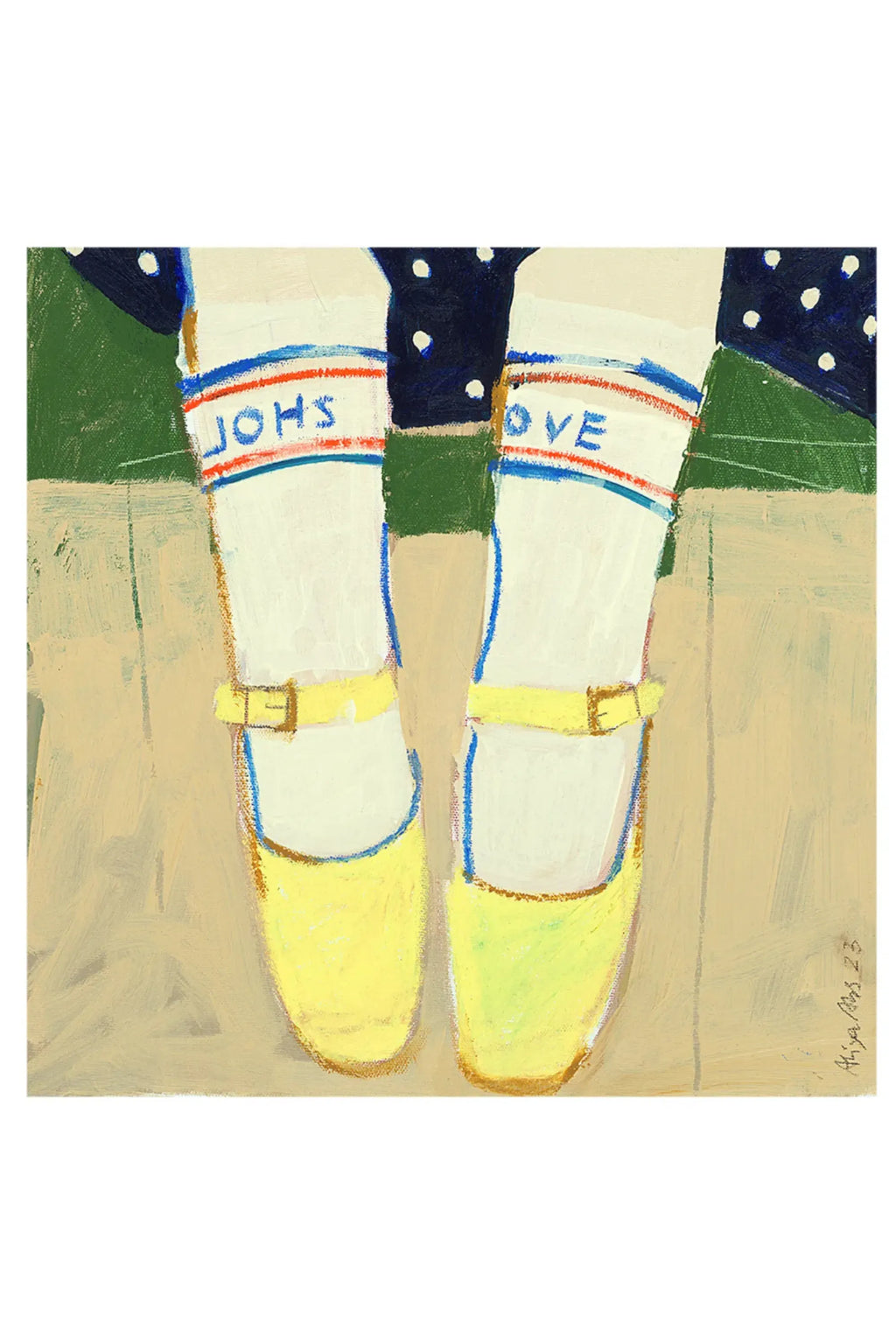 The Poster Club On the Jetty, a colorful naive art print featuring abstracted legs wearing white socks with red and blue stripes and bright yellow Mary Jane shoes.