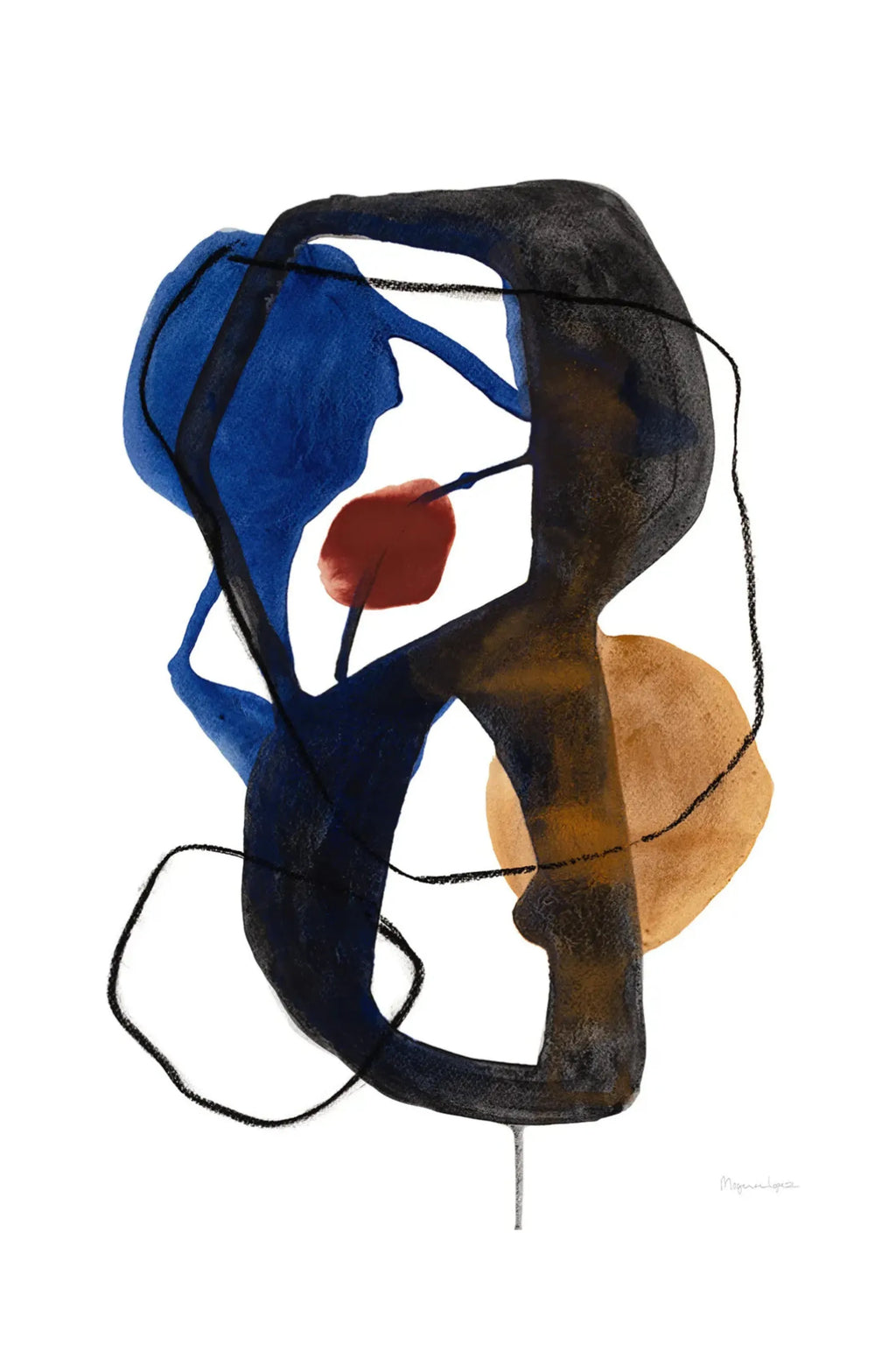 The Poster Club Link, a contemporary abstract art print featuring organic, fluid shapes in deep blue, rich dark brown, and warm terracotta tones, accented by delicate black line work on a crisp white background.