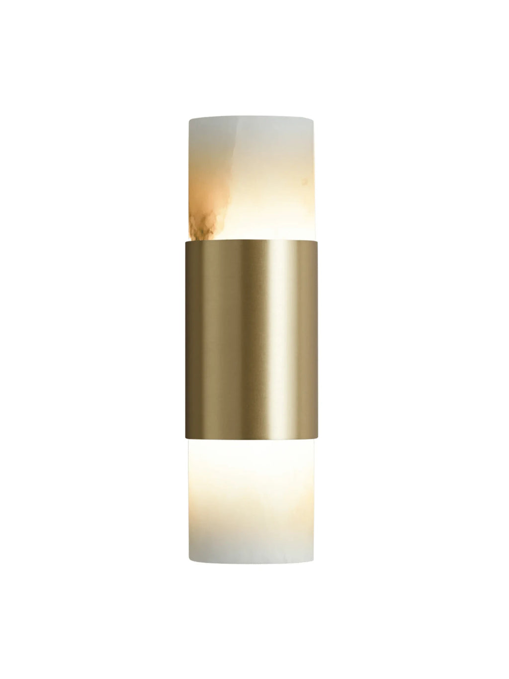 CTO Lighting Roma Wall Lamp, a luxurious modern wall light featuring two cylindrical sections of glowing alabaster or onyx stone, separated by a central band of brushed brass. The natural stone exhibits subtle warm white and cream tones with unique organic veining when illuminated, contrasting with the rich, matte gold finish of the metal. This contemporary up-down wall sconce is perfect for adding sophisticated ambient lighting to modern living rooms, elegant bedrooms, or stylish hallways.