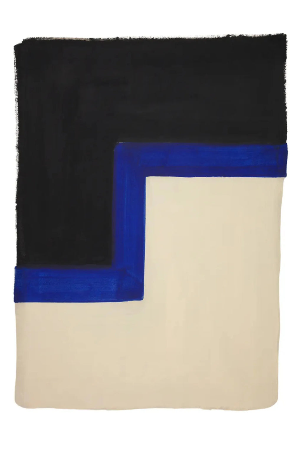 The Poster Club Divide, a minimalist abstract art print featuring bold geometric color blocking in matte black, vibrant royal blue, and soft beige tones, with visible brushstroke textures and raw-edged lines. This contemporary poster creates a striking visual statement, perfect as modern wall art for a sophisticated living room, bedroom, or gallery wall.