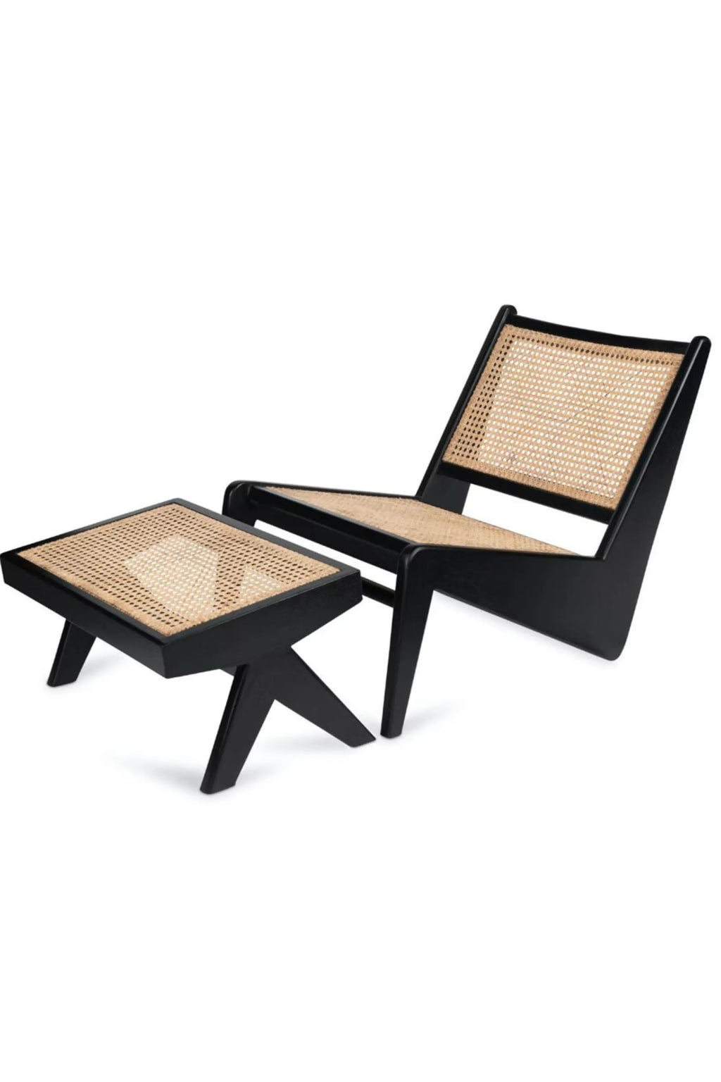 Detjer Chandigarh Kangaroo Footstool, a stylish black wooden frame with a natural woven cane seat. This elegant and durable footstool complements modern living spaces for those who appreciate premium design.