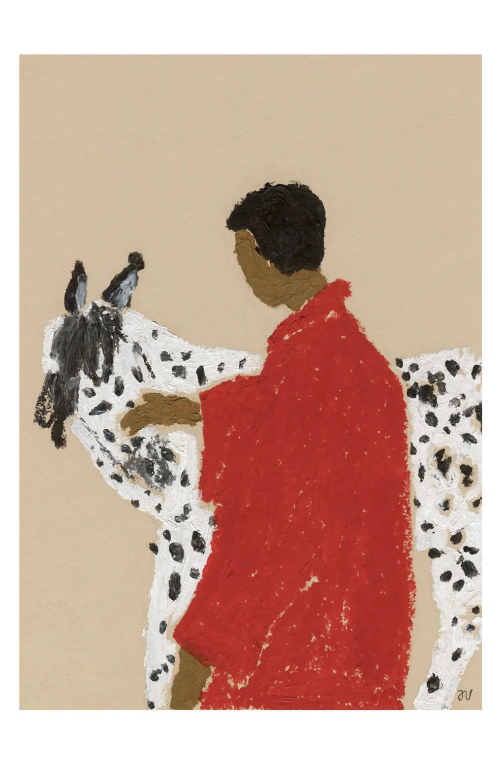 The Poster Club Spotted Horse, a contemporary abstract art print featuring a figure in a vibrant red cloak gently touching a spotted black and white horse, depicted with expressive, impasto-like brushstrokes against a warm beige background. This minimalist and folk art inspired poster brings a touch of bold color and character to modern living rooms, bedrooms, or gallery walls.