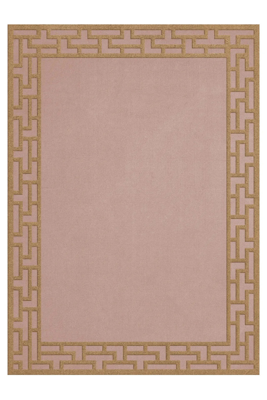 Layered Indocine Wool Rug, a rectangular blush pink area rug with a bold gold geometric Greek key border design. Perfect for adding a luxurious, stylish accent to living rooms or bedrooms.