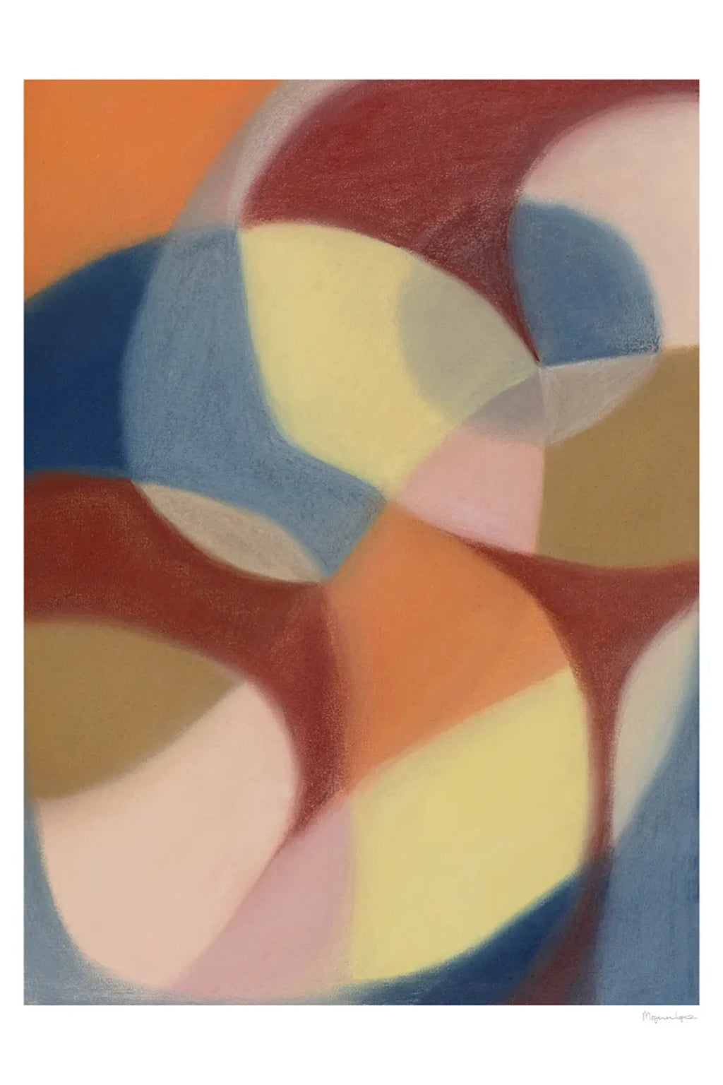 The Poster Club Increase, a vibrant abstract art print featuring soft, overlapping organic shapes in a rich palette of terracotta red, mustard yellow, dusty blue, blush pink, and warm beige tones. This contemporary poster showcases a painterly, blurred texture that creates a harmonious flow of color and form. Ideal as modern wall art for a Scandinavian living room, organic modern bedroom, or a colorful gallery wall.