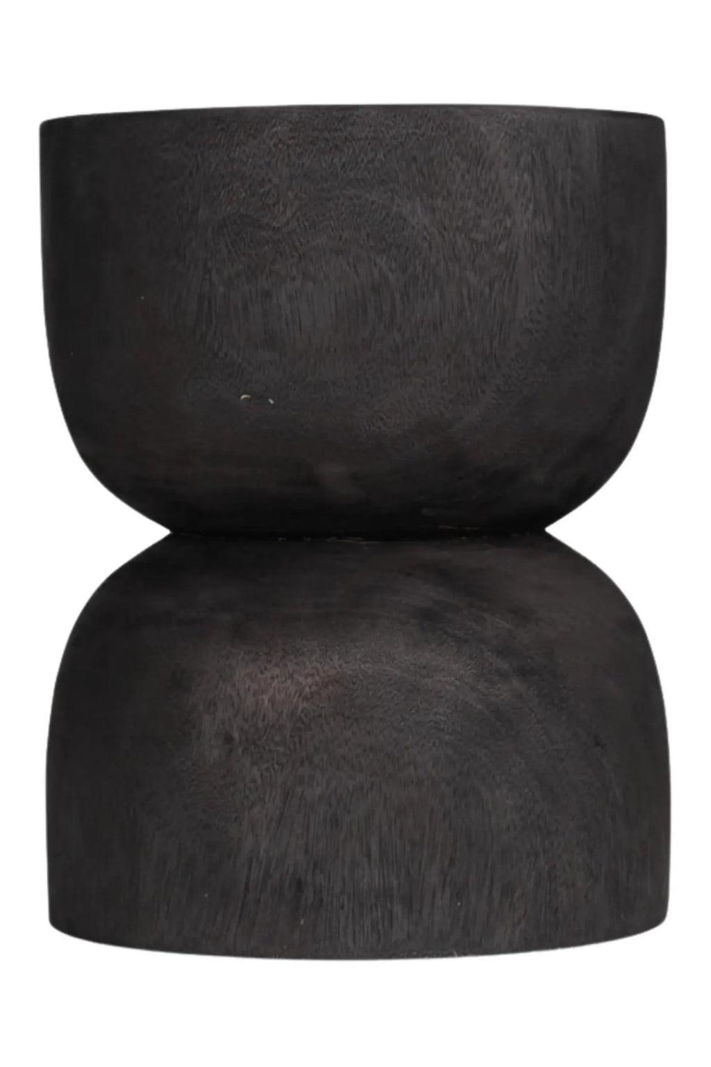 Detjer Stool S.A.S. 004, a modern minimalist dark stained solid wood stool with a matte black finish, showcasing a unique hourglass silhouette, smooth rounded edges, and.