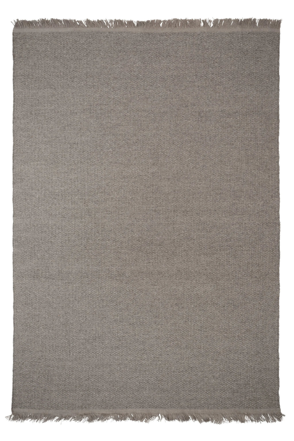 Linie Design Pastoral Unity Wool Rug, a premium hand-woven wool area rug featuring a subtle textured flatweave in a versatile neutral grey-taupe color with classic fringed ends. This organic modern rug is perfect for adding warmth to Scandinavian living rooms, minimalist bedrooms, or contemporary home offices.