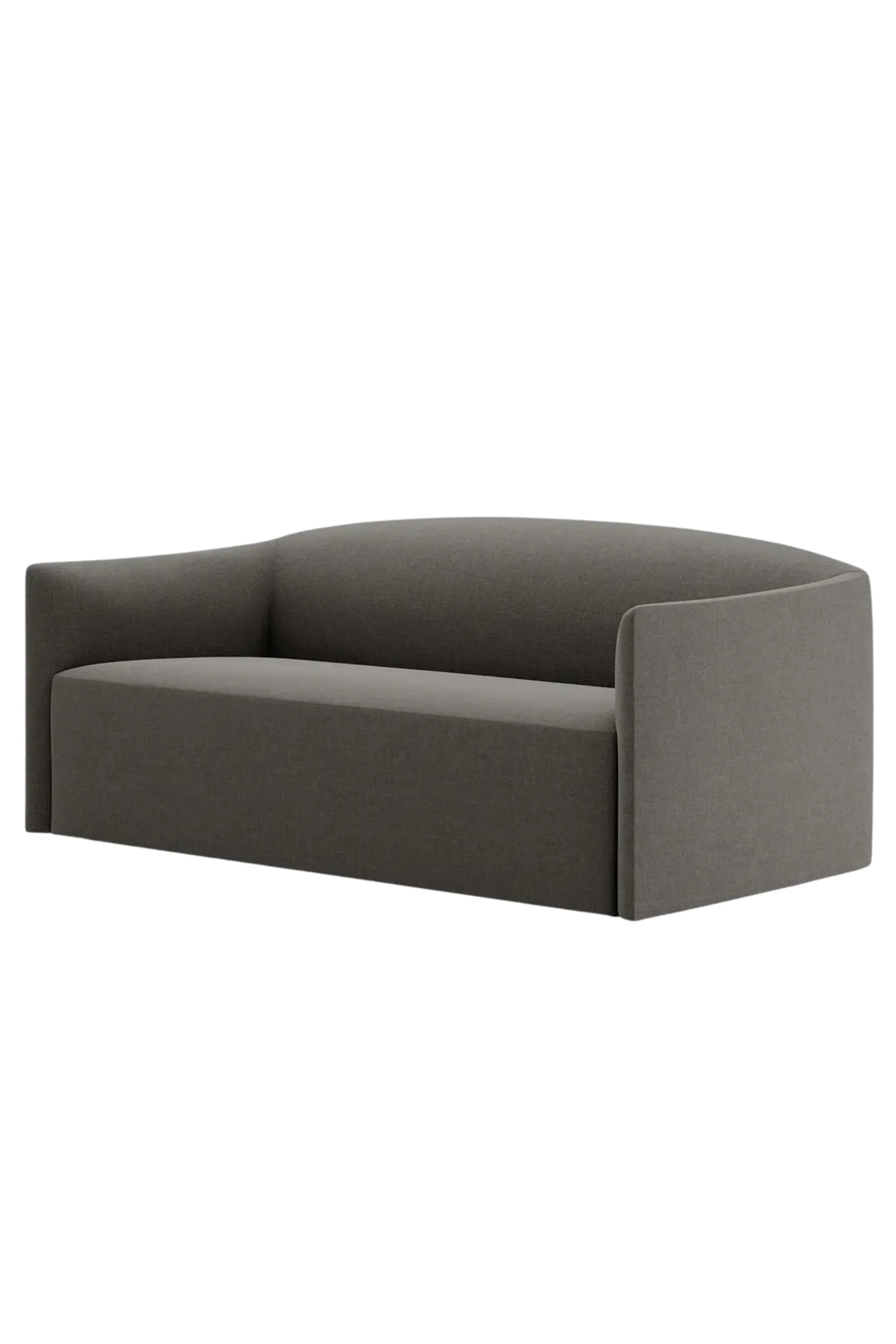 New Works Shore Sofa 2-Seater - Extended Base, a contemporary dark grey upholstered sofa with a distinctive curved backrest and wide, flat arms, featuring a subtle textured fabric and a low, solid base. This organic modern 2-seater sofa is perfect for minimalist living rooms, apartment lounge areas, or stylish contemporary interiors seeking a sculptural yet comfortable design.