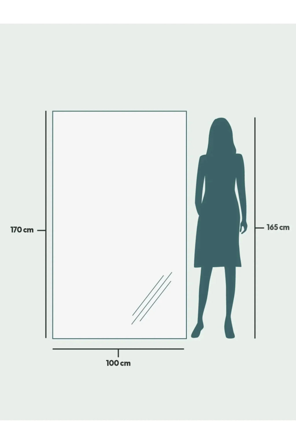 TCL Studios Sleek Full Length Mirror, a large modern minimalist frameless mirror featuring a clean rectangular silhouette of clear, reflective glass. Measuring 170 cm high by 100 cm wide, it offers a generous viewing area, perfect for checking outfits. This contemporary floor mirror or wall-mounted accent is ideal for a dressing room, bedroom, or entryway in sleek, design-conscious interiors.