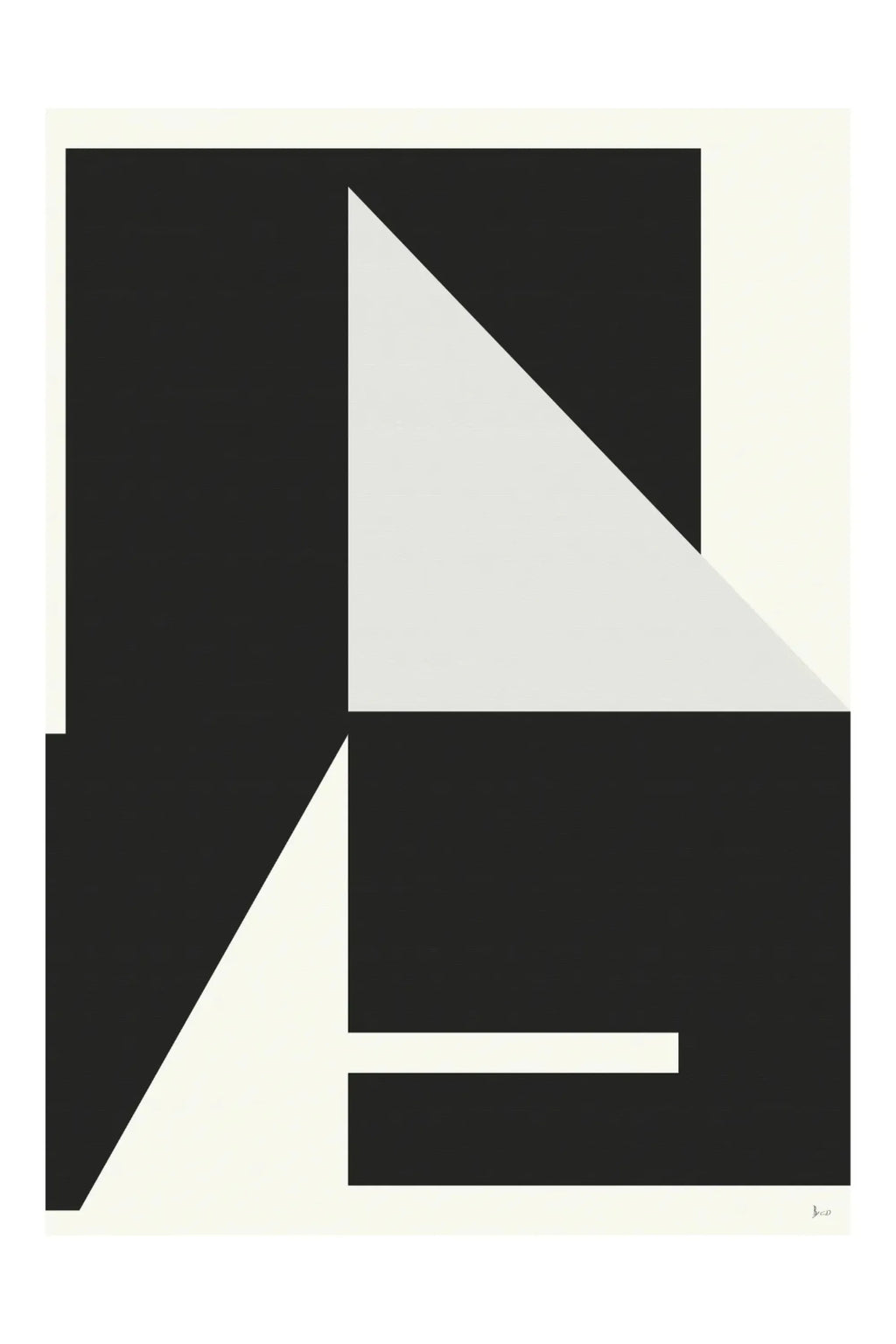 The Poster Club Composition 03, a modern minimalist abstract art print showcasing bold black and light beige geometric shapes, including large rectangles, a prominent triangle, and a thin line, creating a dynamic graphic composition with a subtle textured finish. This contemporary wall art is ideal for Scandinavian living rooms, Japandi bedrooms, or as a striking focal point in a minimalist gallery wall.