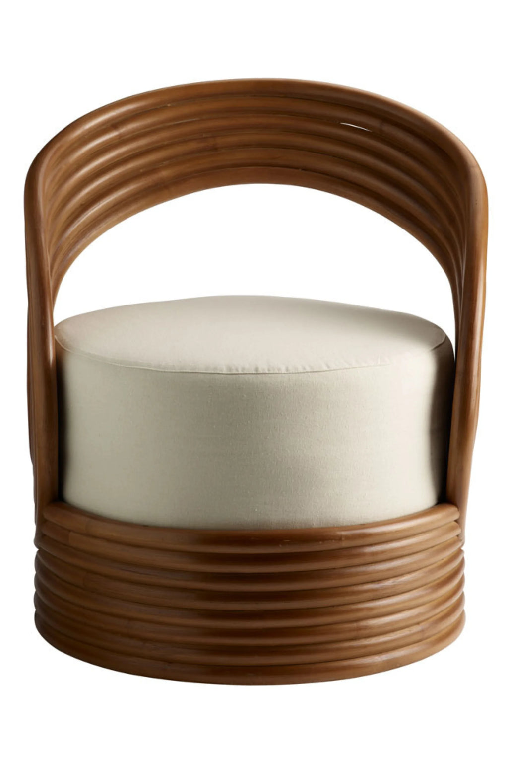 Tine K Mano Armchair, a contemporary organic modern lounge chair featuring a distinctive curved frame crafted from natural bent rattan in a warm brown finish, with a plush round seat cushion upholstered in a soft cream fabric. This sculptural accent chair offers a relaxed bohemian or coastal aesthetic, perfect for a cozy living room, sunroom, or a stylish bedroom reading nook.